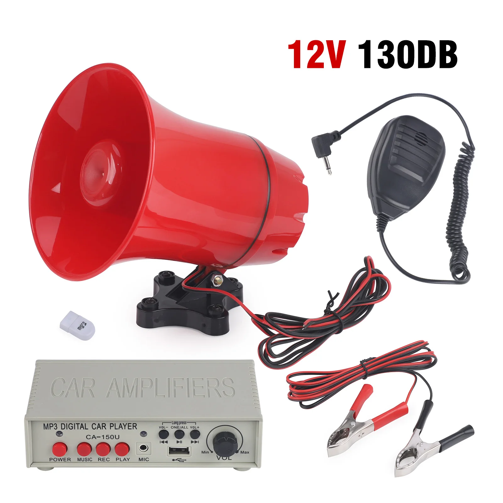 

CNSPEED Car Alarm Siren 12V 130dB Customizable Sound Multi tone Claxon Horn With Amplifier MIC System and Card Reader MP3 Player
