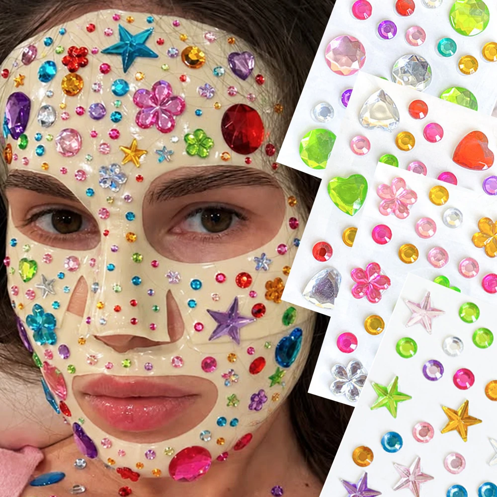 4Pcs/Set Extra Large Colorful Star Heart Flower Rhinestone Jewel Stickers Self‑Adhesive Eye Face Gems For Festival Makeup Decor