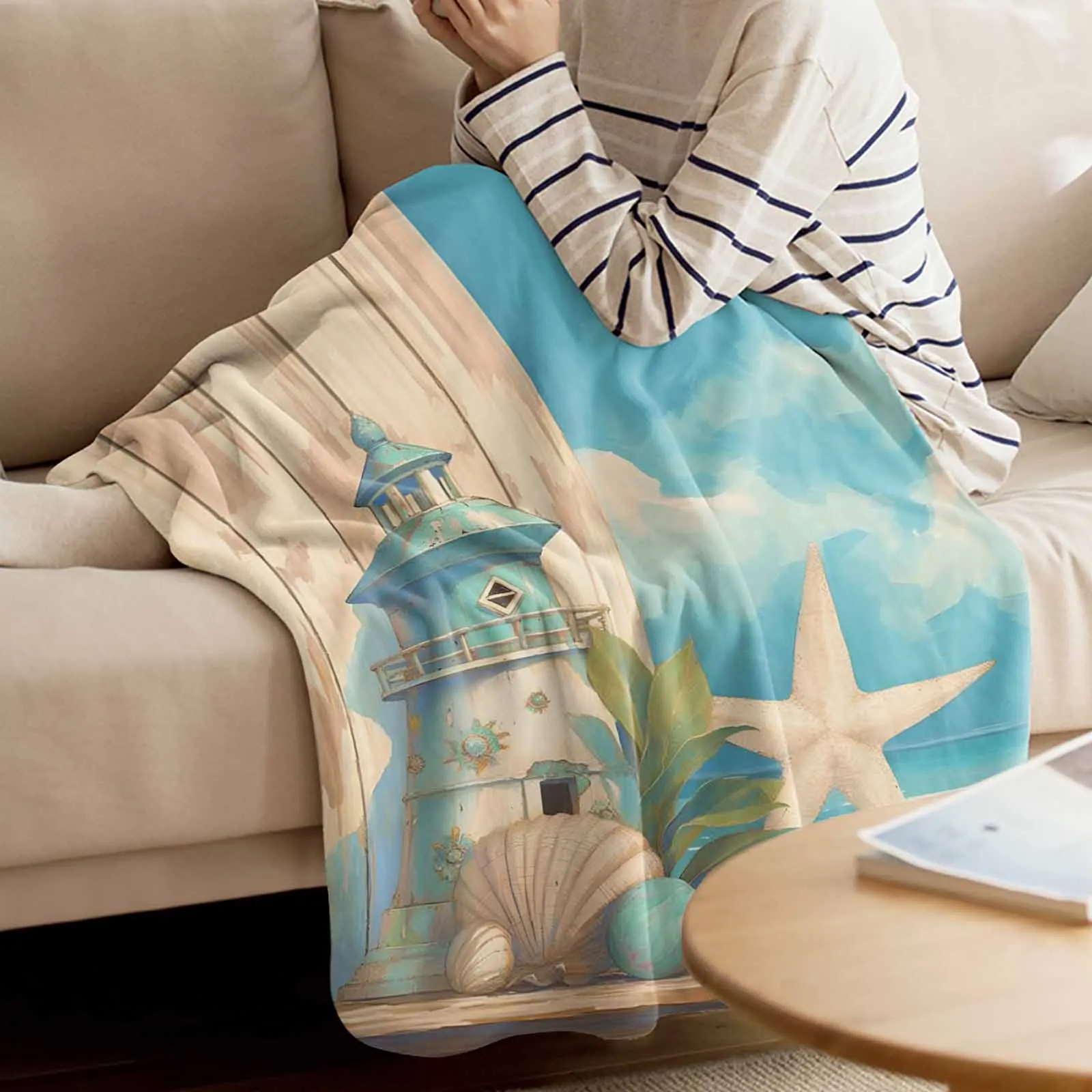 

Summer Ocean Lighthouse Starfish Shell Throw Blanket for Sofa Warm Microfiber Flannel Blanket Bedroom Decor Blankets for Beds