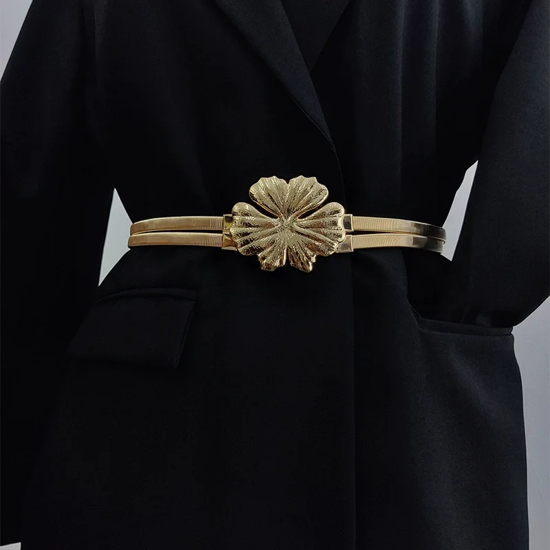

Women's Gold Silver Elastic Metal Flower Cummerbunds Female Dress Corsets Waistband Belts Decoration Narrow Belt TB360