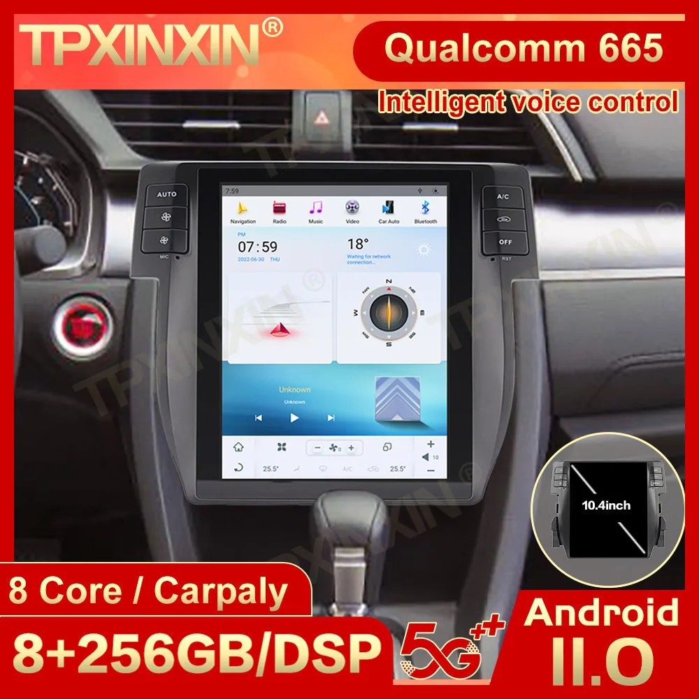 Qualcomm 2 Din Android 11 Tesl- Stereo For Honda Civic 2016 2017 2018 2019 GPS Auto Audio Radio Receiver Player IPS Head Unit