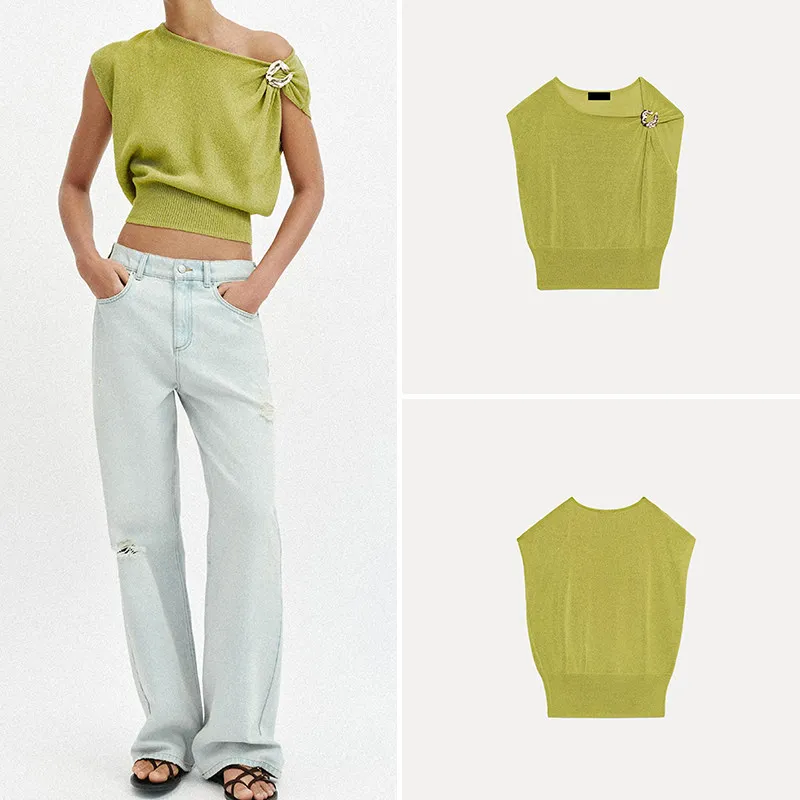 

Women's Summer Fashion Sleeveless Knitted Top Pure Color with Accessories Commute Style Slim Fit Long Sleeve Short Length