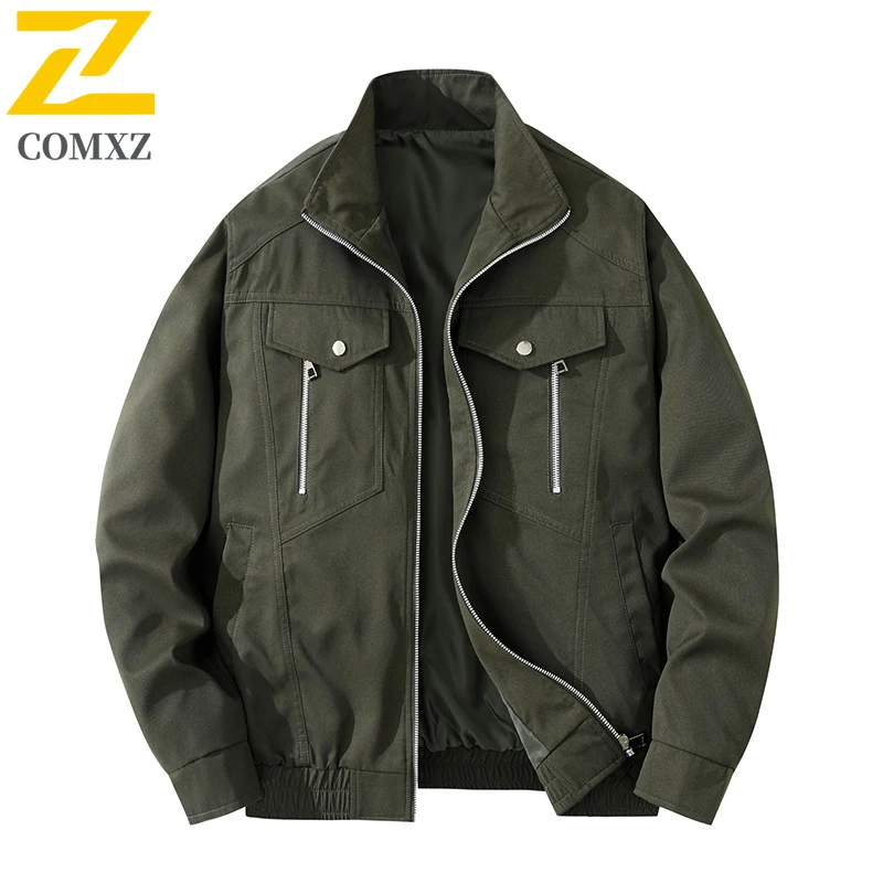 

Весенне-осенняя модная брендовая куртка с несколькими карманами, уличная рабочая куртка с вертикальным воротником, однотонная куртка на молнии, мужская одежда