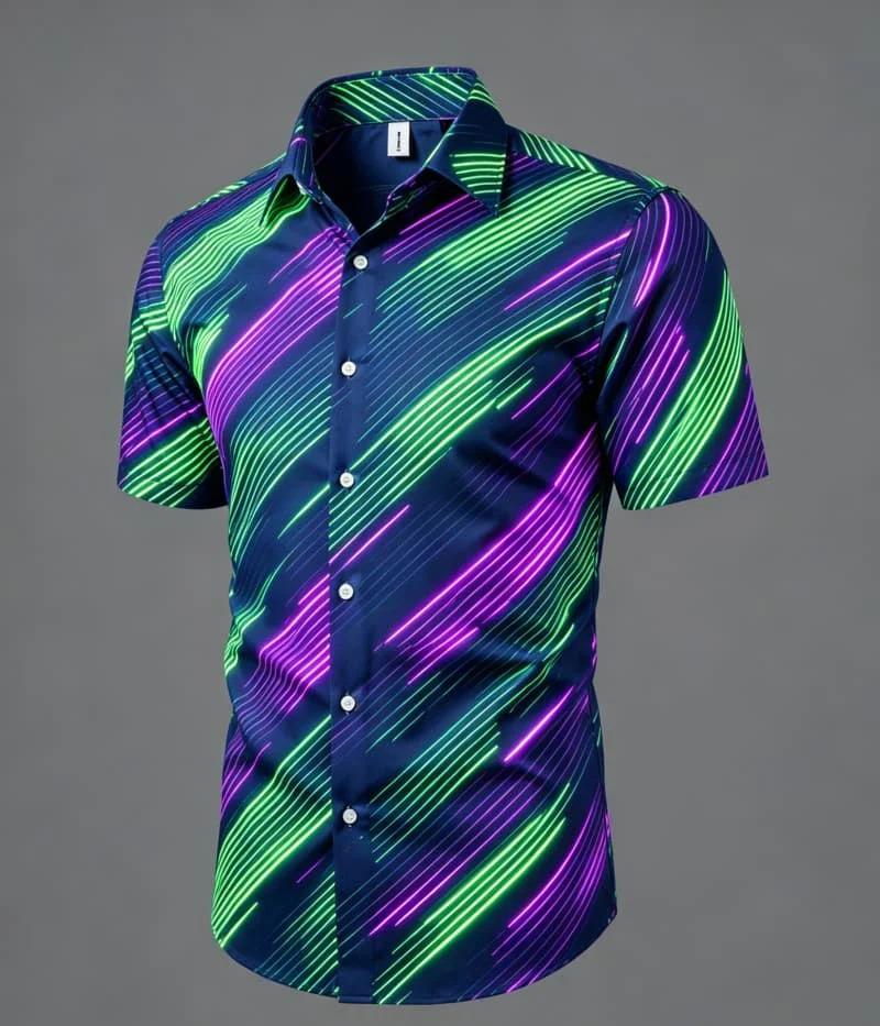 

Men's Casual Short Sleeved Lapel Shirt With Abstract Line Printed Slim fit, Suitable For Beach Parties And Daily Wear