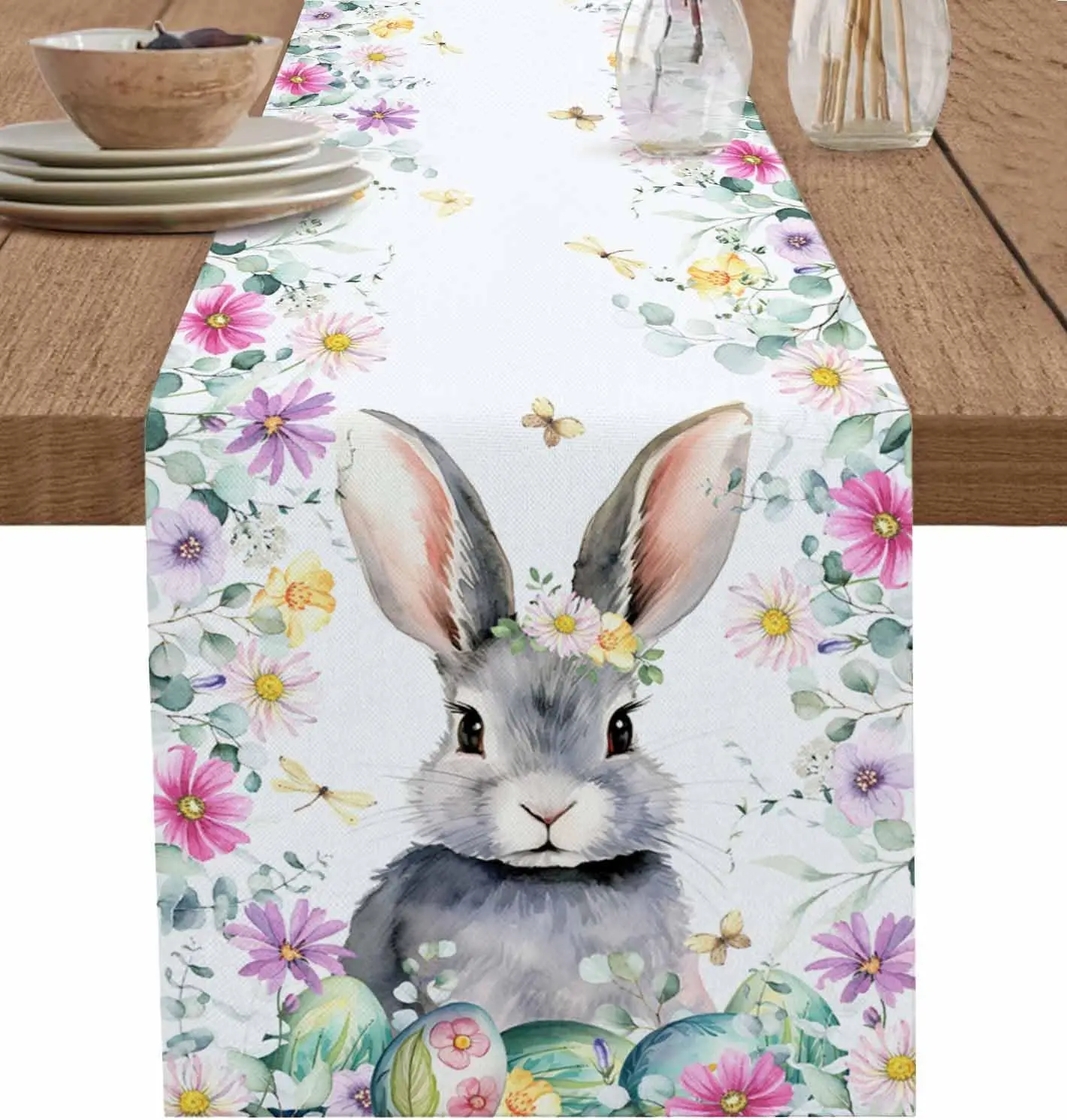 Spring Easter Bunny Eggs Flower Linen Table Runner Dresser Scarves Table Decor Kitchen Dining Table Runner Easter Decorations