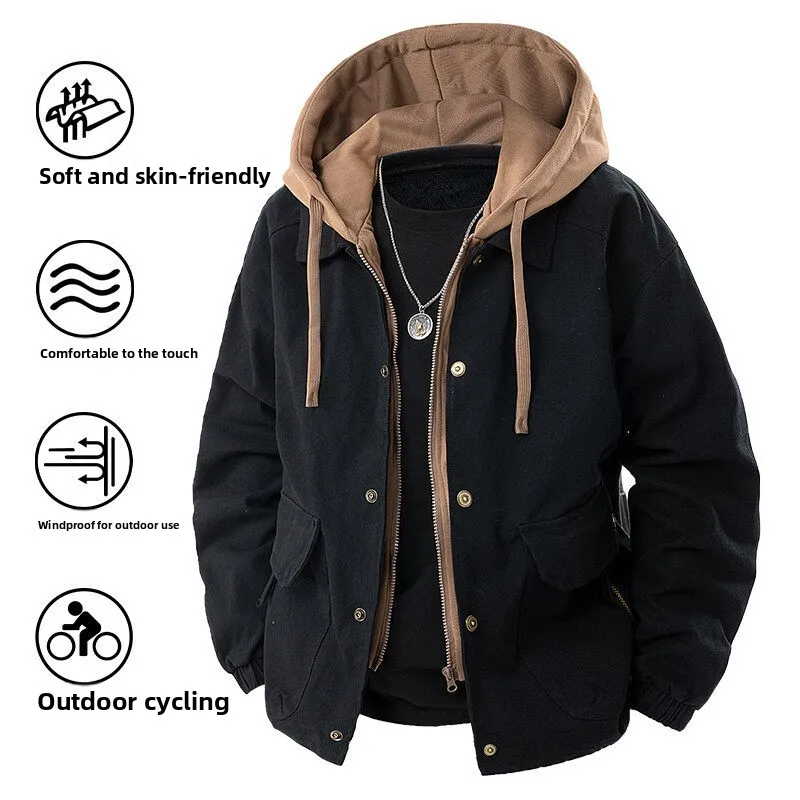 

Spring Autumn New Men's Jaet Trendy Haome Hooded Fake Two-Piece Pure Cotton Workwear Youth Faion Versatile Jaet