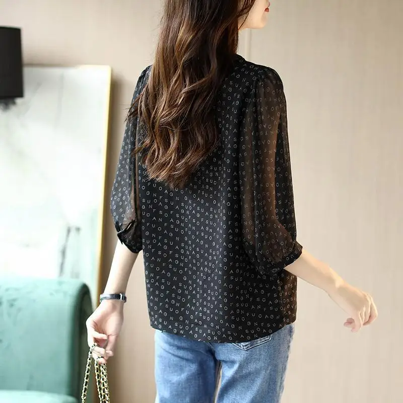 Vintage Printed O-Neck Puff Sleeve Oversized Chiffon Shirt Summer New Casual Pullovers Loose Commute Fashion Woman Blouses 2022