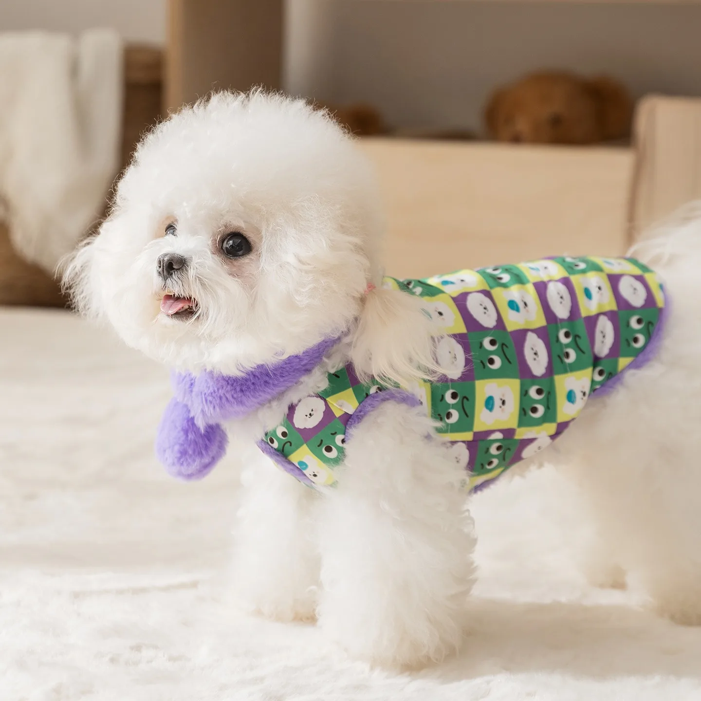 

Double-sided Dog Clothes Autumn Bichon Frise Vest Teddy Warm Jacket Schnauzer Thickened Cotton Coat with Scarf