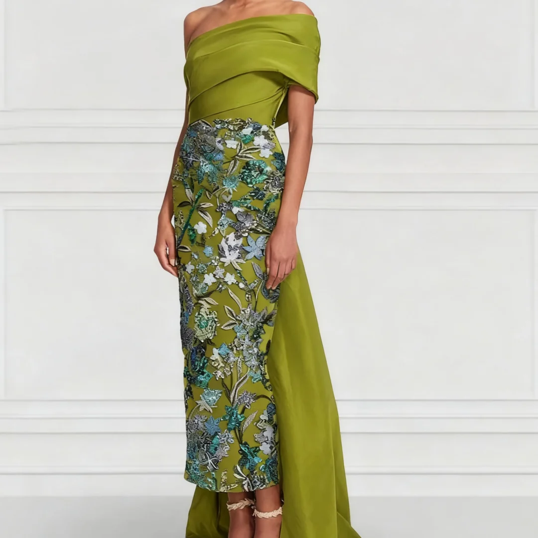 

Croatia Luxurious Outfit for Mother of the Bride with Appliques Ankle Length One-Shoulder Formal Evening Dresses Customized