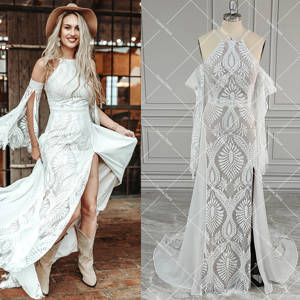 Abito da sposa in pizzo Boho con scollo all'americana, maniche lunghe svasate staccabili, spacco sinistro, treno fluido estivo, abito da sposa da spiaggia personalizzato