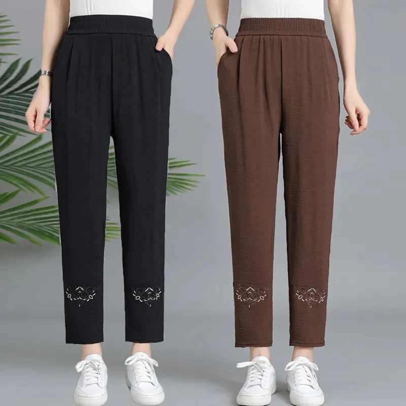 2024 New Summer Fashionable Trendy High Waist Slim Embroidery Straight Leg Pants for Middle Aged and Elderly Women's Wear