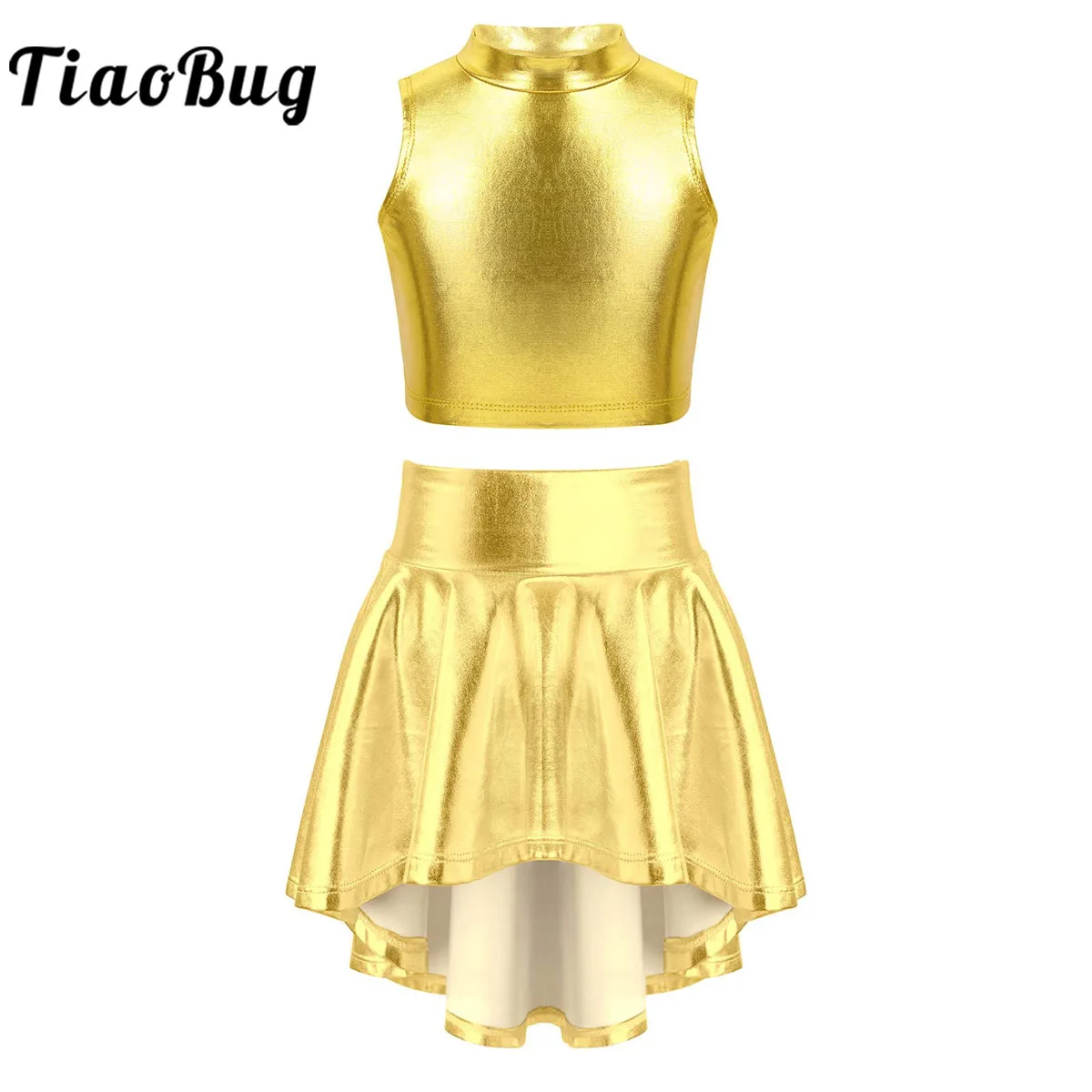 

Kids Metallic Shiny Clothes Set Modern Dancing Jazz Street Dance Tops With Mini Short Skirt Outfits Stage Performance Clothing