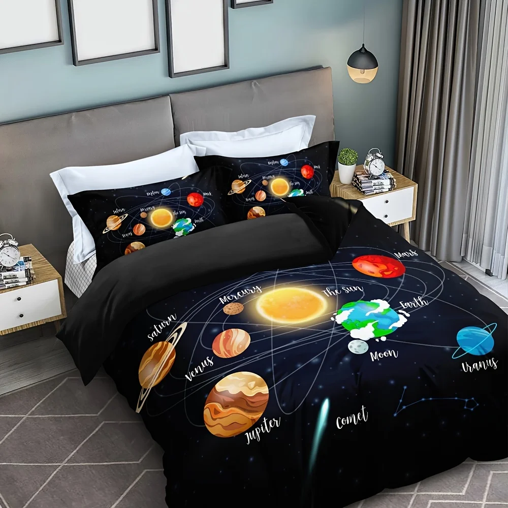 Solar Bedding Planet And Solar System Star Galaxy Guest Room Duvet Cover Set (1pc* Duvet Cover+2pcs Pillowcase, No Pillow Core)