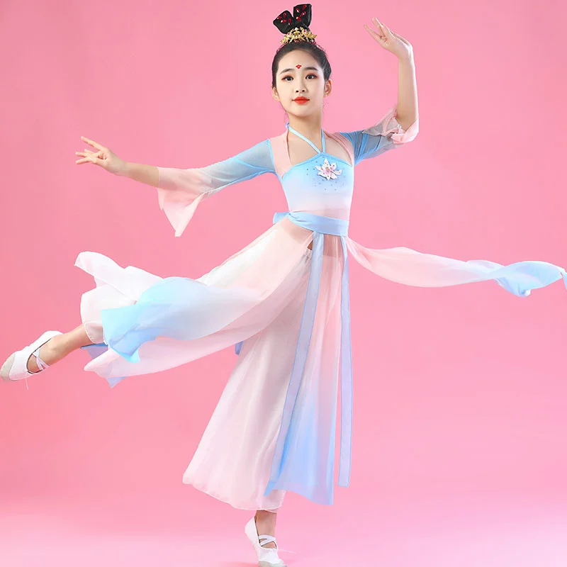 Roupa de Performance de Dança Clássica Infantil, Chinoiserie Elegante Feminina, Fan Dance Performance