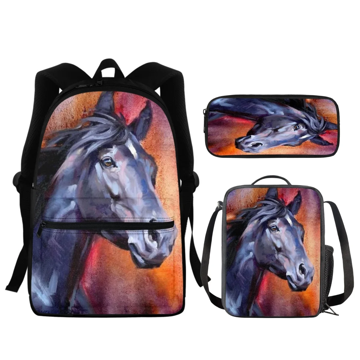 FORUDESIGNS Color Oil Painting Horse 3Pcs/Set Schoolbags Pencil Case School Supplies One Shoulder Fashionable Meal Bags Water