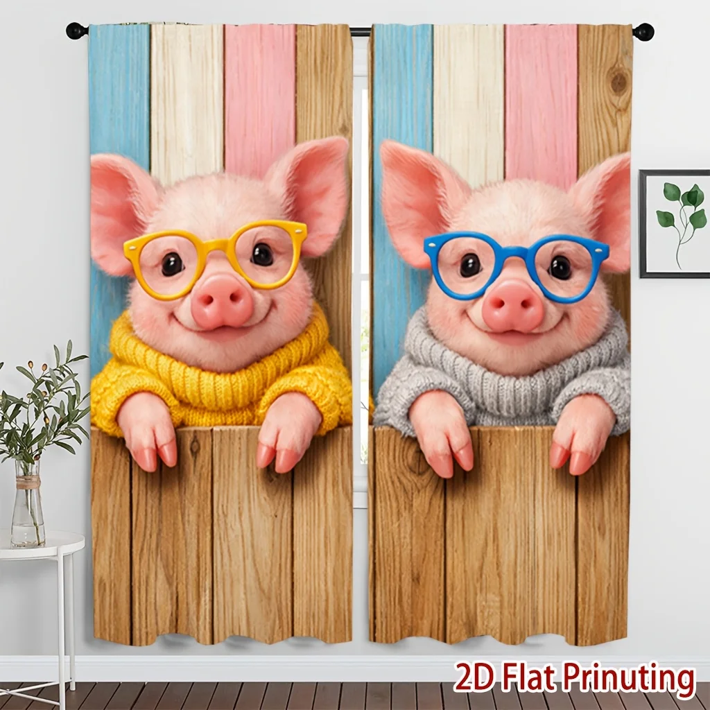 2pcs Panel Pig with Glasses Print Blackout Curtains Suitable for Room, Privacy Window Treatments,  (No Rod Included)