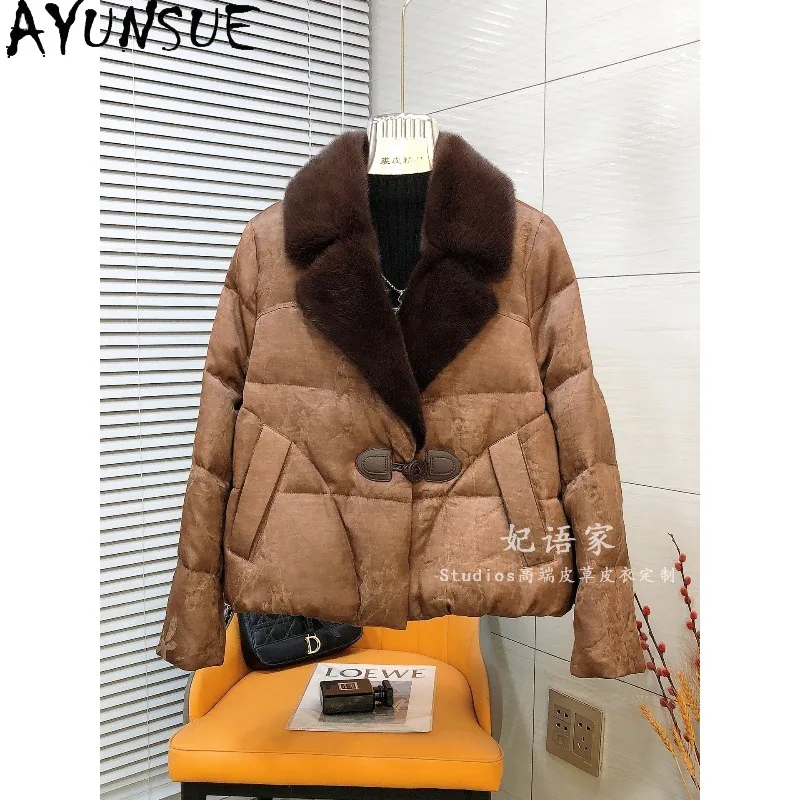 

AYUNSUE Women's Goose Down Jacket Fashion Mink Fur Suit Collar Outerwears High Quality Warm Down Jacket Woman Clothes Ropa Mujer