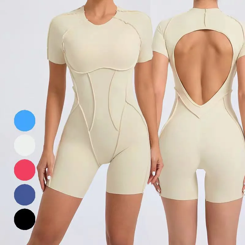

Backless Sports Fitness Jumpsuit Women Gym Workout Running Jumpsuits Woman Tight Slim Short Sleeve Yoga Clothes