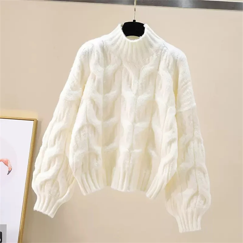 Women White Twist Knitted Sweater Short Pullover Tops Autumn Winter New Casual Solid Color Long Sleeve Bottoming Knitwear Jumper