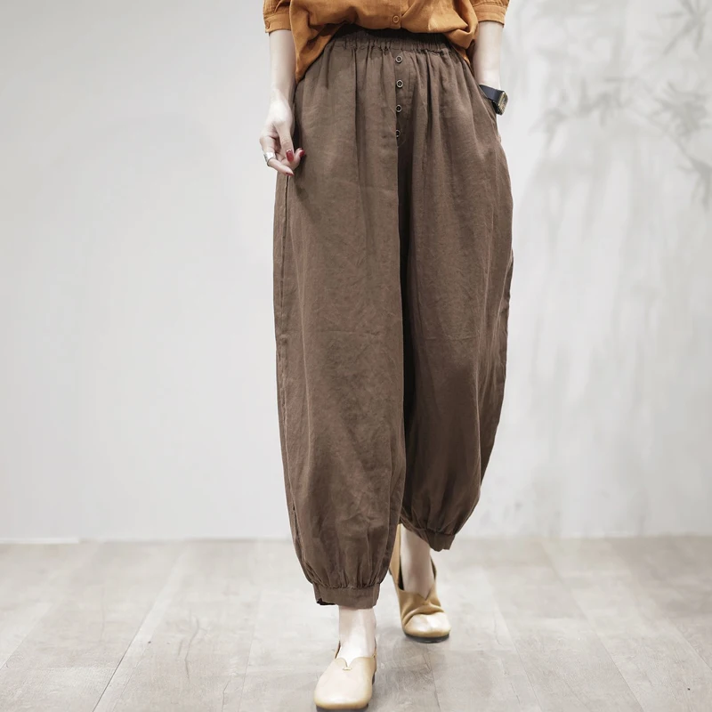 

Summer Solid Color Elastic Waist Fashion Knickerbockers Women High Street Pockets Button Cotton Hemp Chic Ankle Length Pants