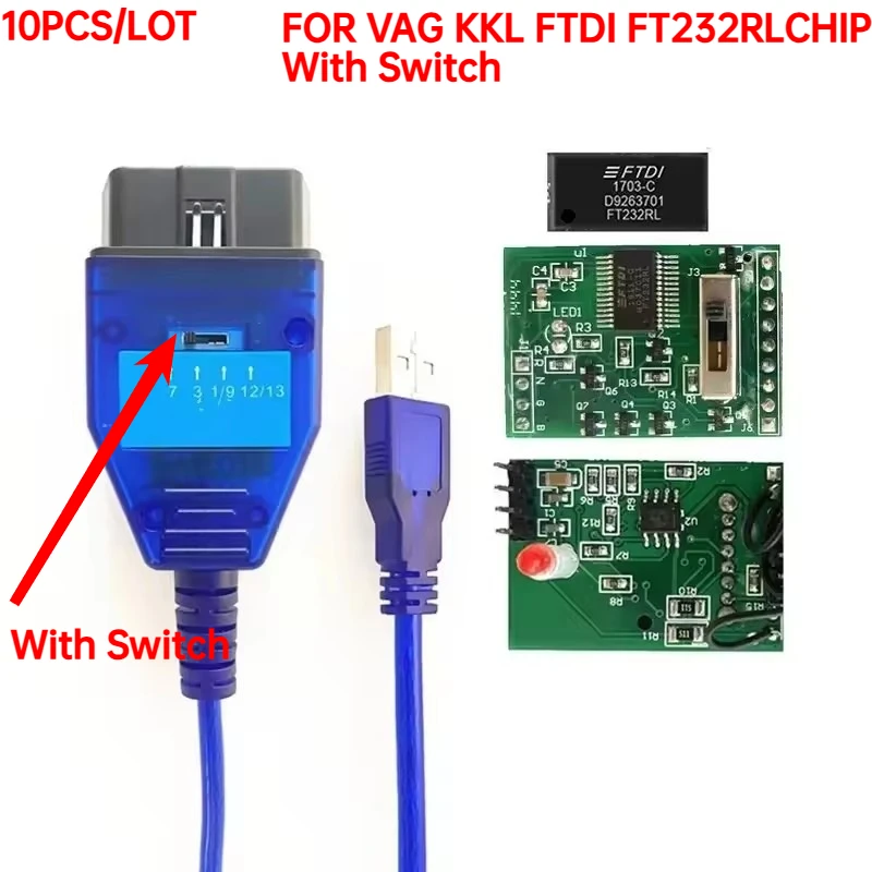 

10PCS For VAG KKL Scanner Tool for VAG409 with FTDI FT232RL Chip/9241A Red PCB for vag 409 kkl OBD2 Interface Diagnostic Cable