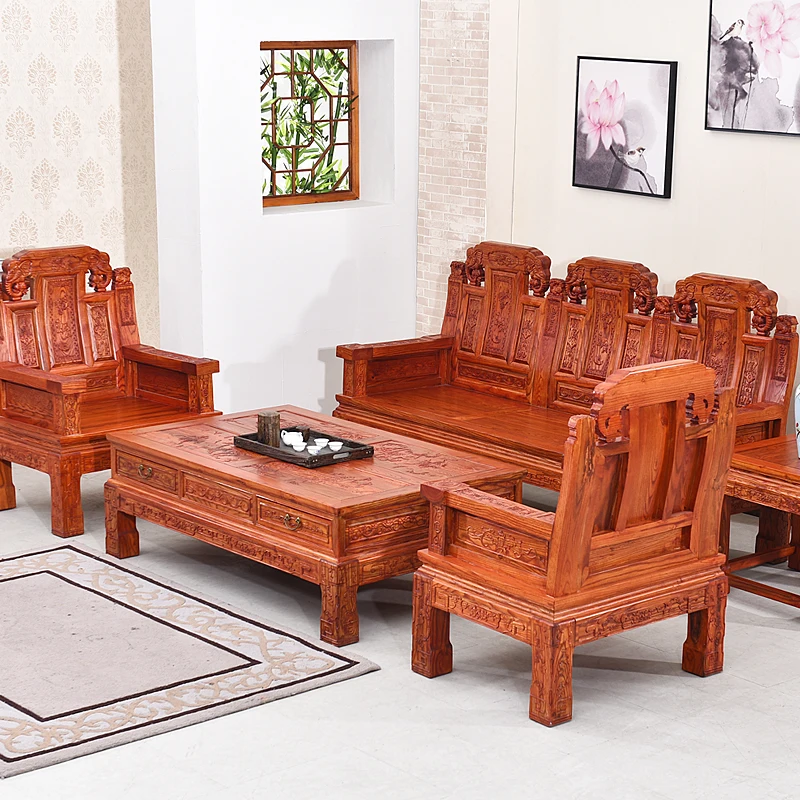 Chinese-Style Solid Wood Sofa Elm Antique Elephant Head Couch in Ming and Qing Dynasties