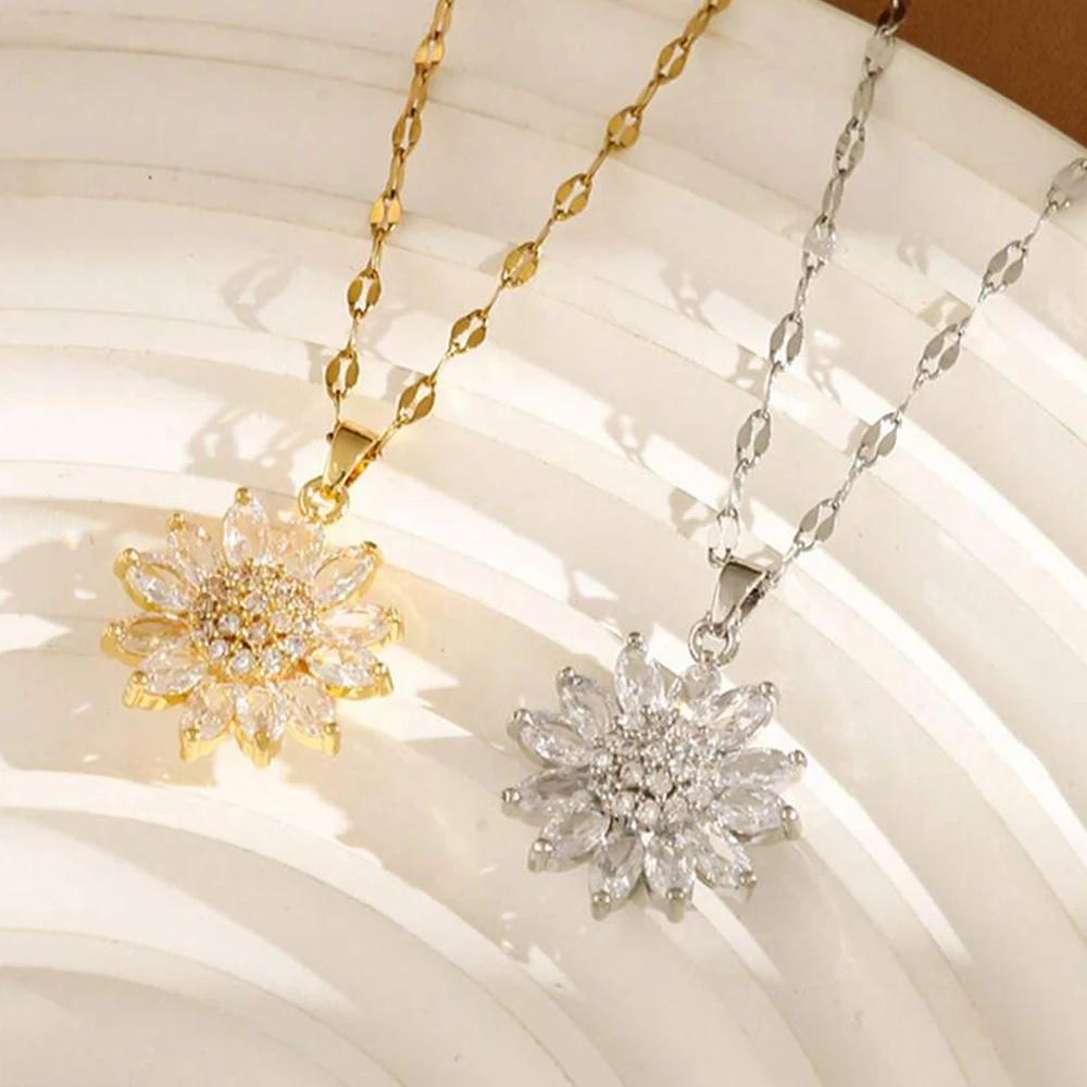 Sunflower Shape CZ Pendant Necklace For Women Gold Color Korean Clavicle Chain Full Zirconia Luxury Necklace Wedding Jewelry
