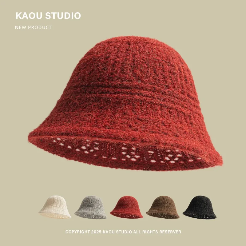 

Japanese Autumn and Winter Solid Color Knitted Bucket Hats Handmade Crochet Hollow Versatile Temperament Basin Cap for Women