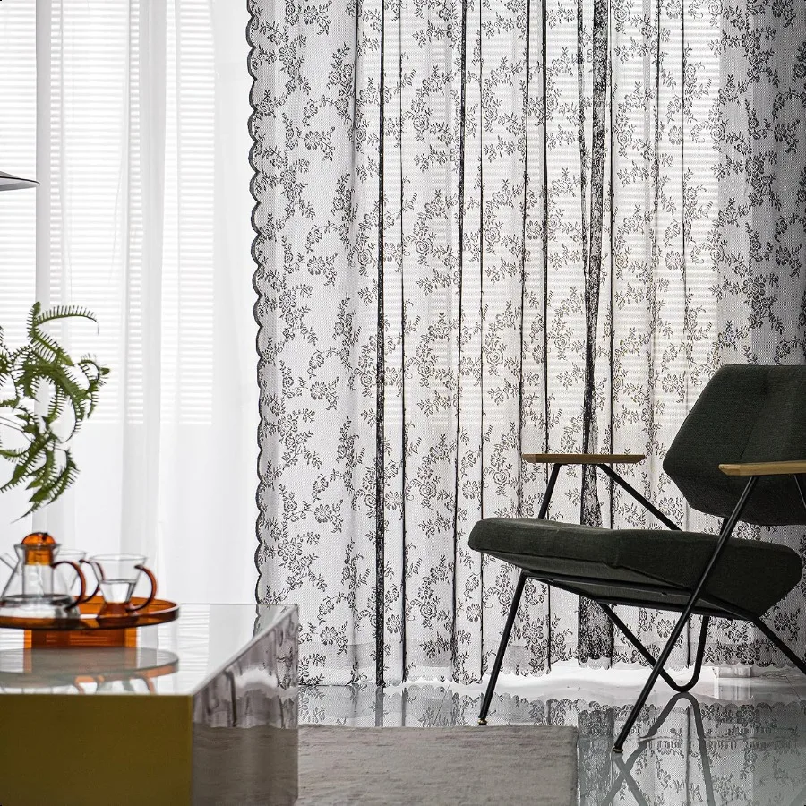Rideaux en dentelle noire, 84 pouces de Long, ensemble de 2 panneaux transparents, gothique, rétro, fleurs, Voile, traitement de fenêtre, pour chambre à coucher, salon