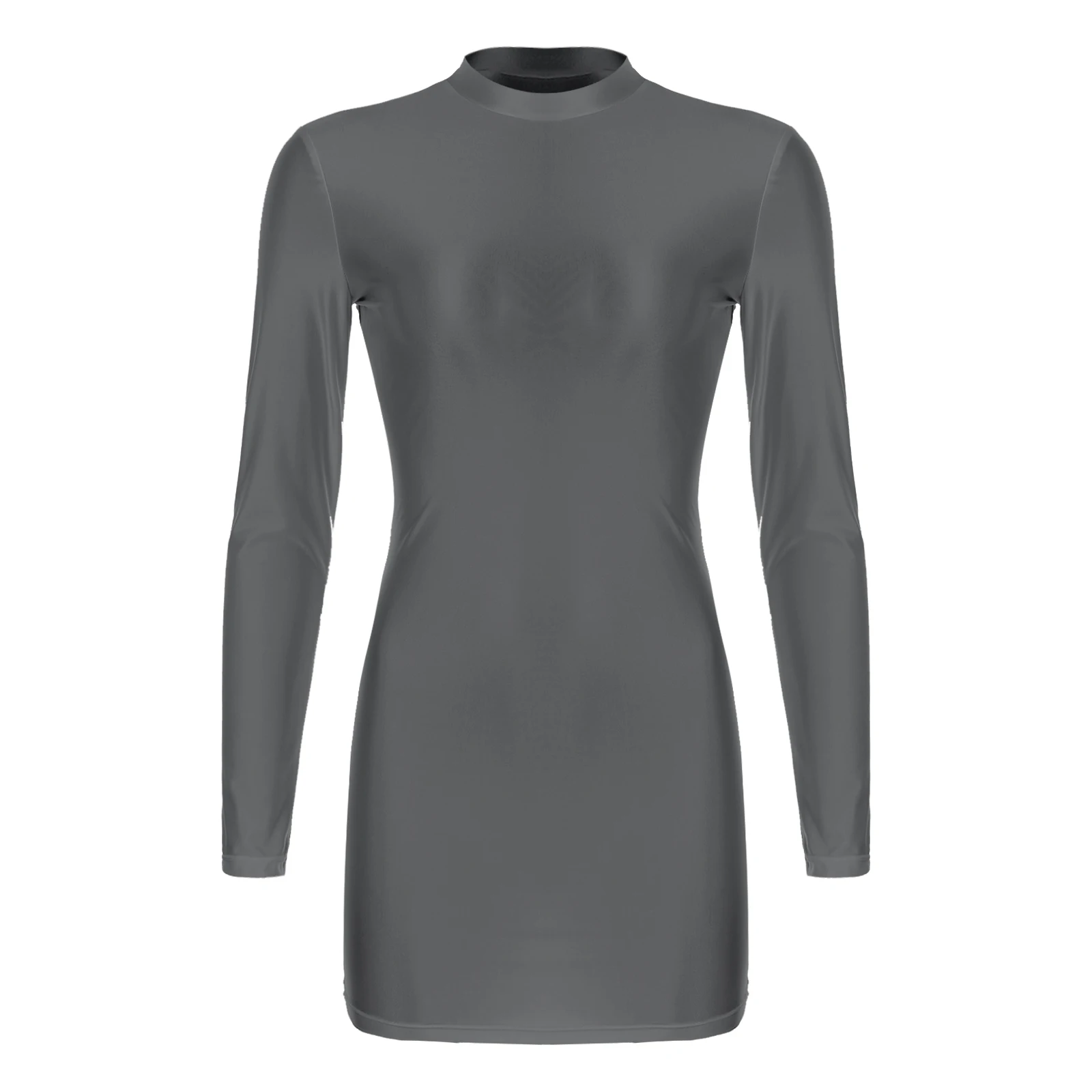 Damen Dessous glatt schiere Mock Neck seidig mikro eng Mini kleid Öl glänzend Langarm Mini Bodycon Bleistift Kleid Clubwear