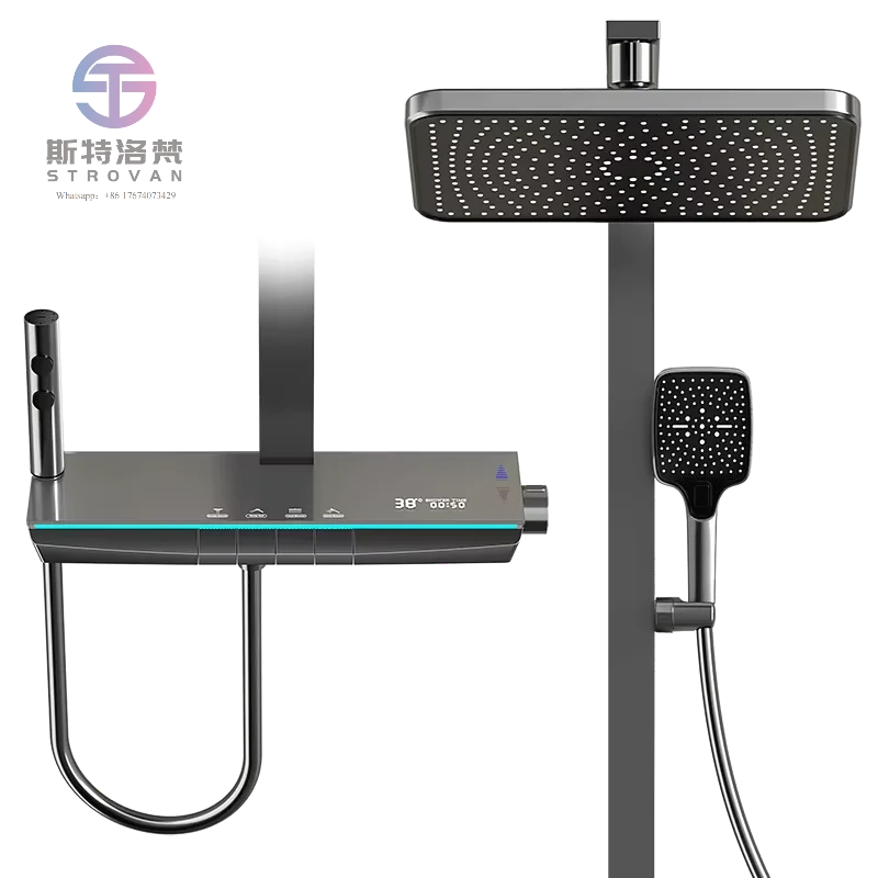 Luxury Smart LED Bathroom Faucet Wall Mounted Brass Piano Shower Set with Atmosphere Light Digital Display Rain Spray Pattern