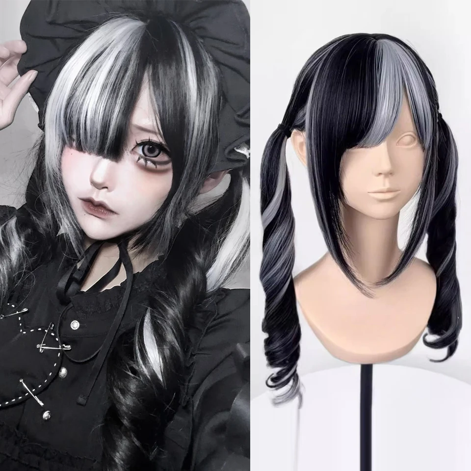 Black Grey Lolita Jirai Kei Roman Curls Wig Double Ponytail Full Head Wig Gothic Sweet Natural Hair Wig for Women