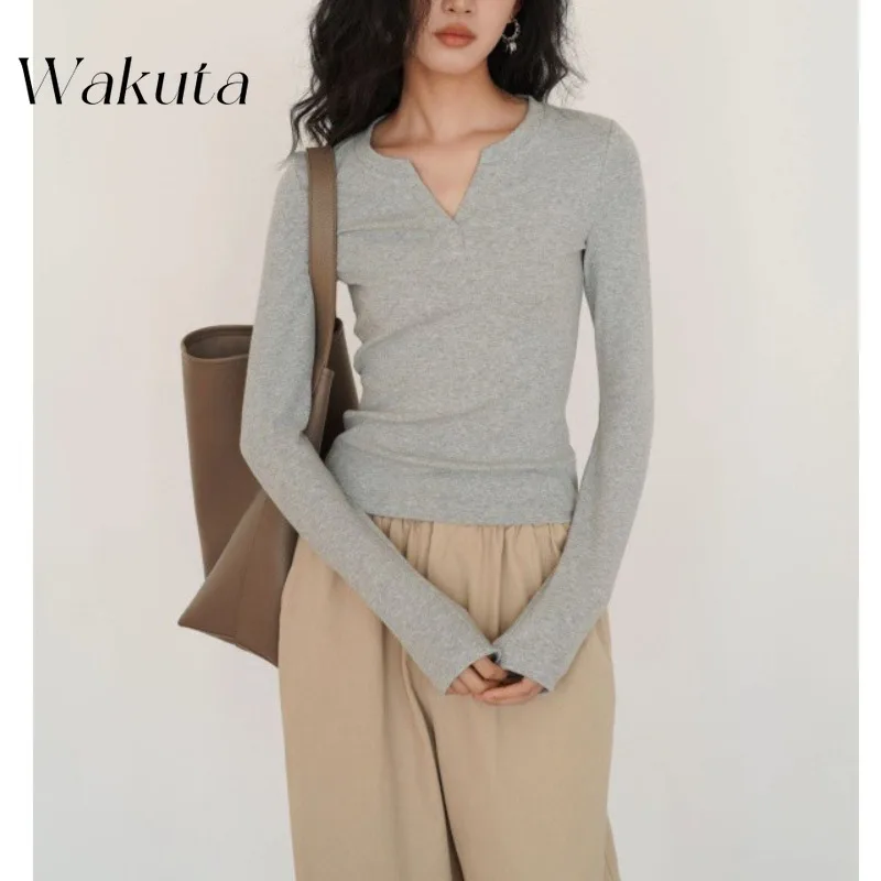 WAKUTA Japanese Classic V-neck Knit Threaded Bottoming Shirt Autumn Solid Color Slim Inner Long-sleeved Pullover Свитер Женский