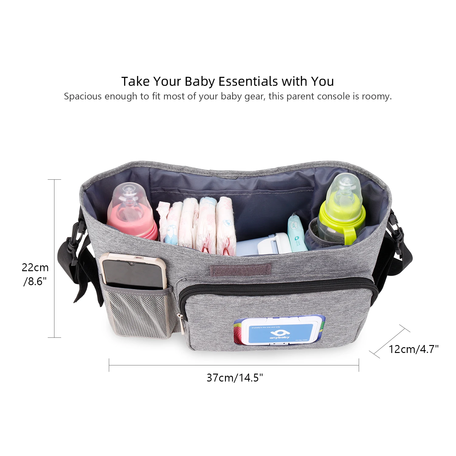 aby Small Diaper Bag Stroller Organizer with Insulated Cup Holder& Shoulder Strap Mini Stroller Storage Pouch for Outdoor