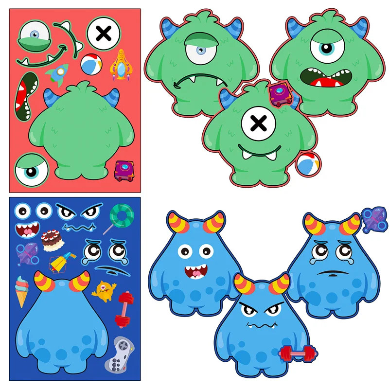 Make a Monster Face Stickers Sheets For Kids 6-24PCS Puzzle Jigsaw Stickers DIY Toys Children Boys Girls Party Games Gifts