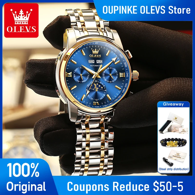 

OLEVS 6633 Mens Watch Automatic Mechanical Watch Stainless Steel Mens Gifts Original Luxury Business Moon Phase Week Date Watch