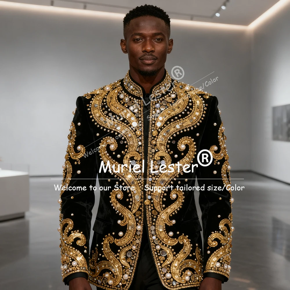 

Exclusive Suits Men For Wedding Crystals Beaded Stone Prom Blazers Chinese Style Groom Tuxedos 2 Pieces Sets Man Banquet Attire