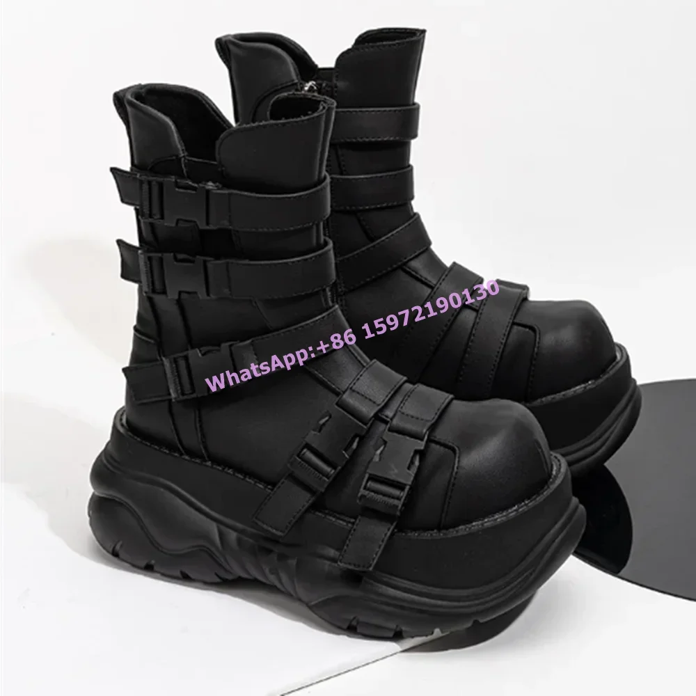 

Черные ботильоны в стиле панк на толстой подошве с круглым носком и пряжкой для шитья, ремень с боковой молнией, мотоциклетная обувь, женская однотонная готическая обувь в стиле рок