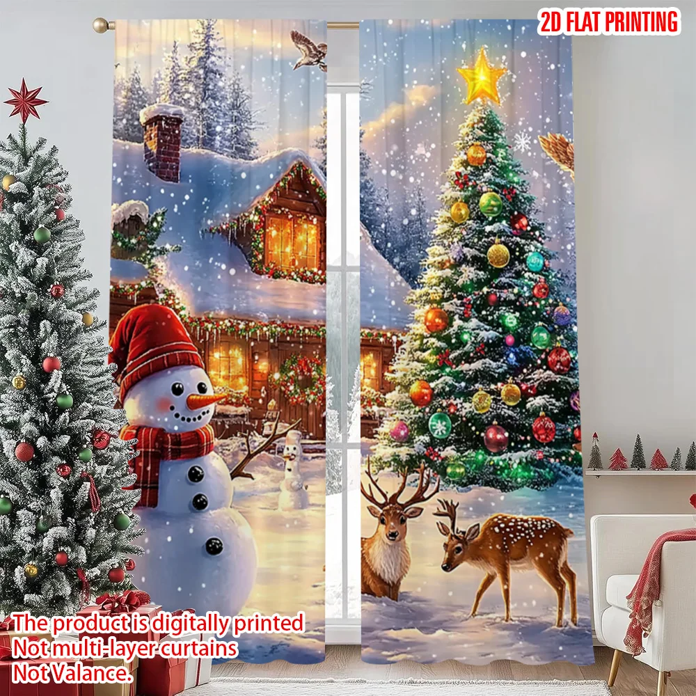 

2pcs 2D flat printing Merry Christmas Window Drapes Christmas_ Fabric Without Electricity Versatile Perfect for Indoor