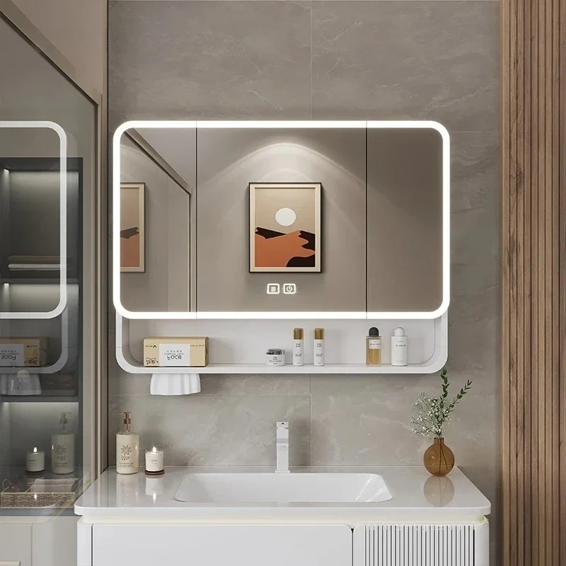 Armario de Baño con Espejo Inteligente, Mueble de Baño con Luz LED, Montado en la Pared, de Aleación de Aluminio, Diseño Arqueado