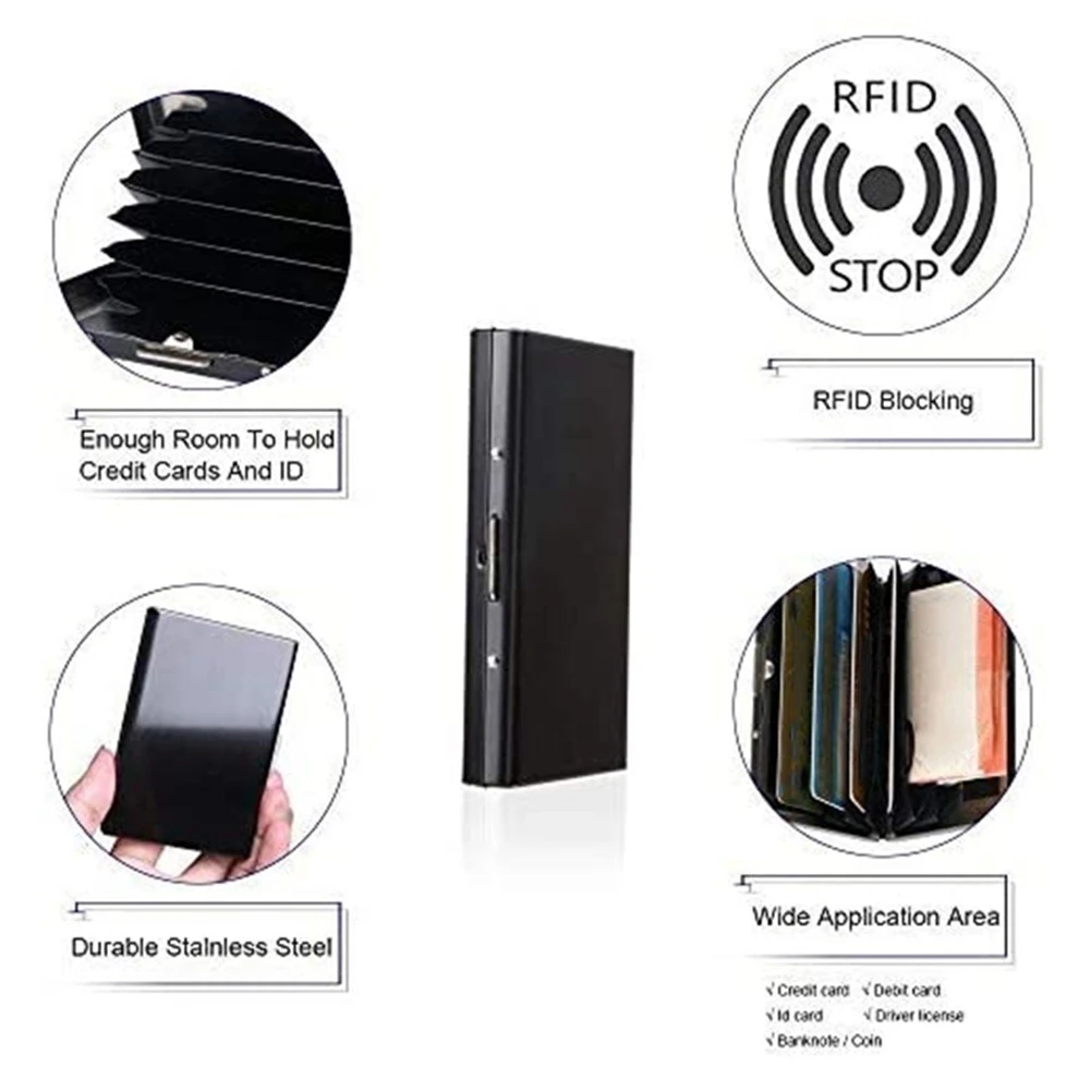 محفظة حامل بطاقات معدنية من ABQR، محافظ معدنية رفيعة للغاية من الفولاذ المقاوم للصدأ تحجب RFID، حامل محفظة لبطاقات الائتمان، أسود