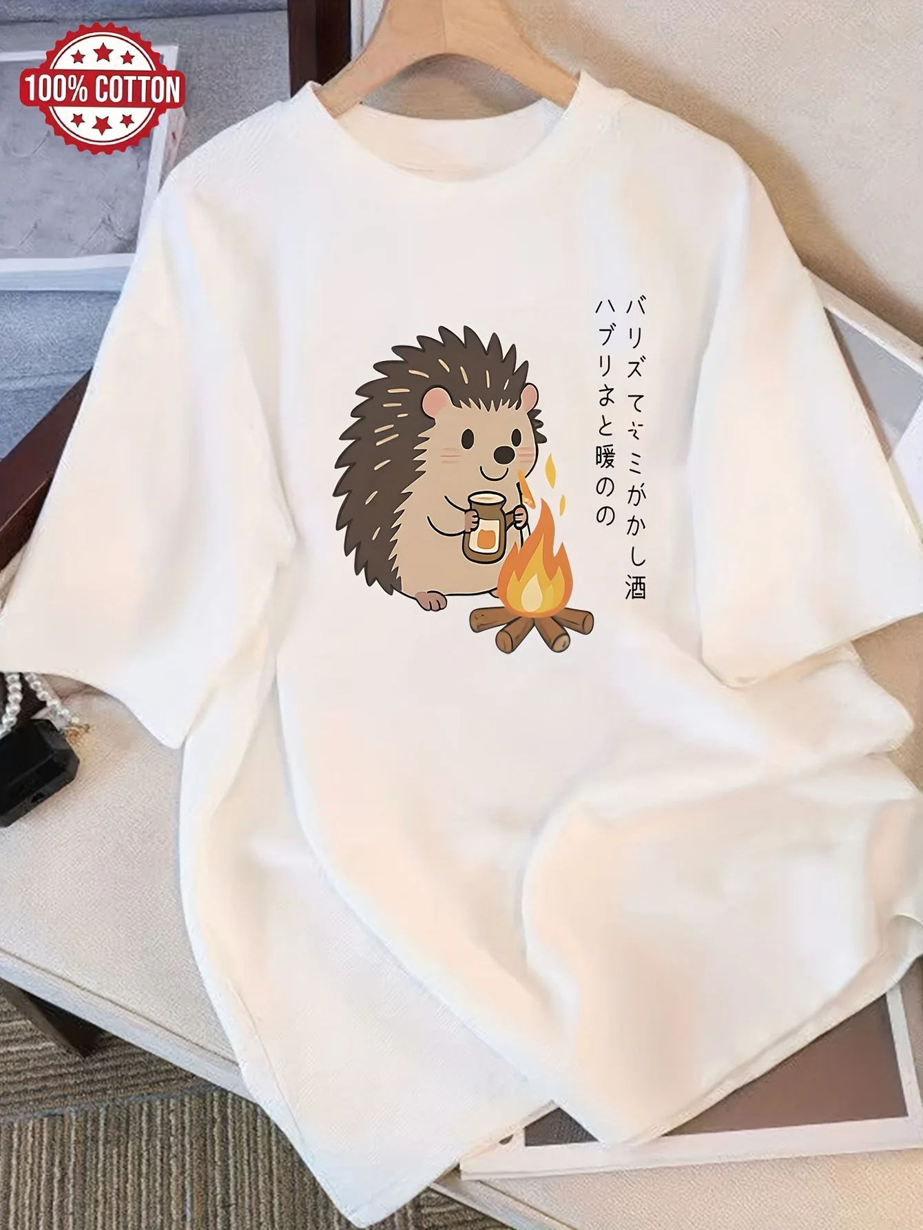 Cute Hedgehog Grilled Fire Pattern Printed T-shirt Trendy Summer Round Neck Women's Comfortable Casual T-shirt
