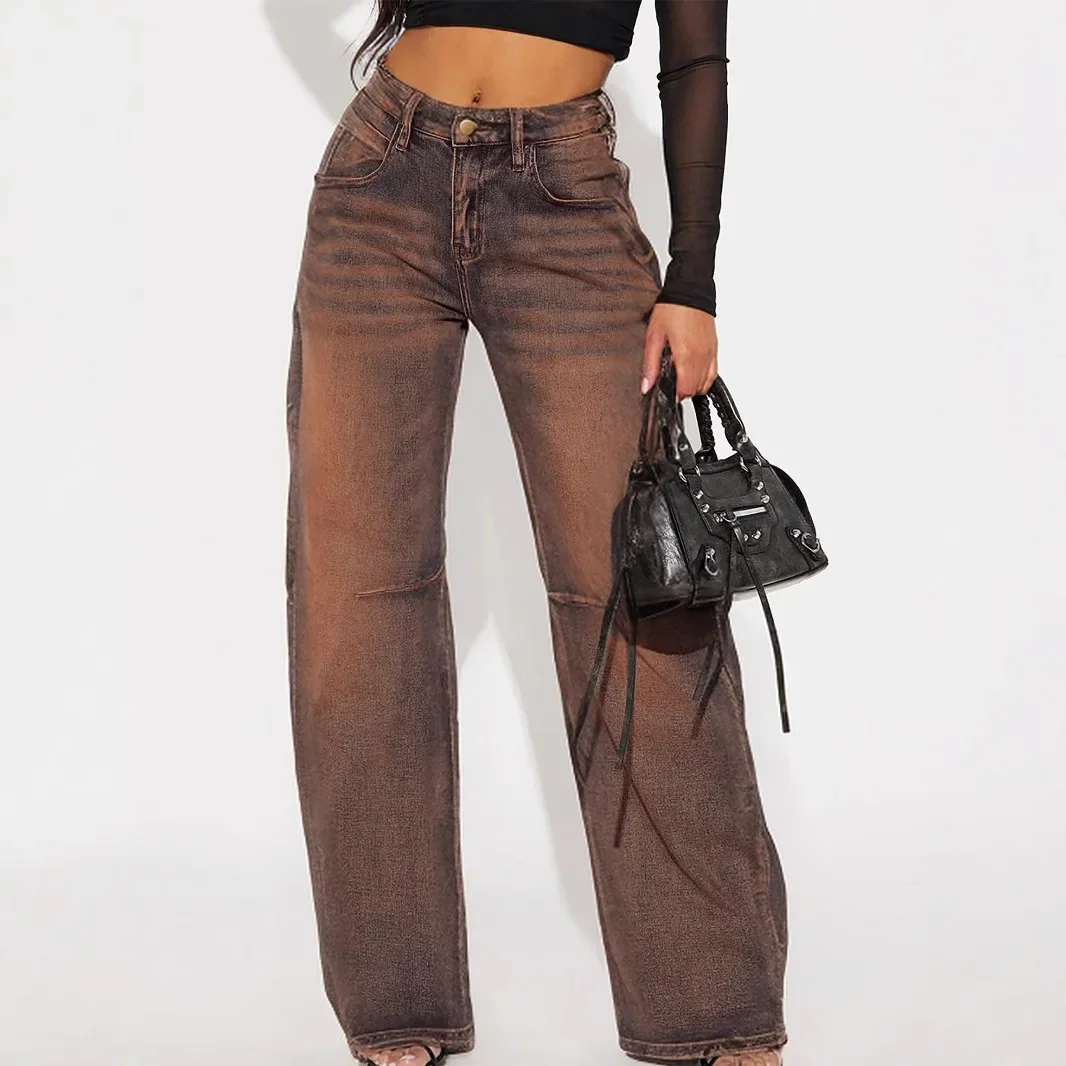 

Широкие брюки, женские джинсы, потертая уличная одежда для мам, стрейч, средняя талия, потертые карманы, 2025 Y2k, винтажные джинсовые прямые брюки