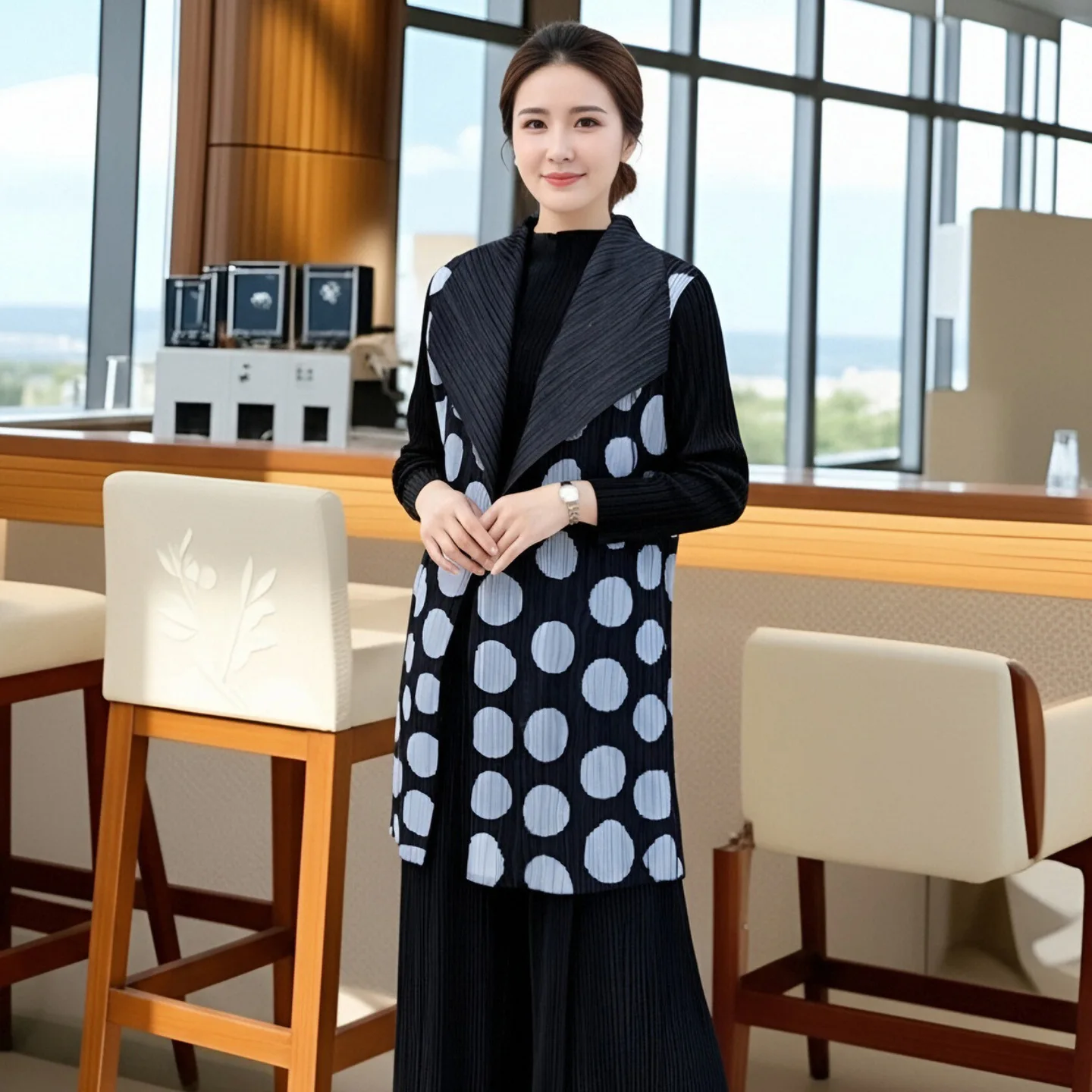 

Miyake Pleated New Polka Dot Jacket Women's Medium-length Lace-up Outer Cape Loose Thin Pleated Casual Pleated Jacket Tops