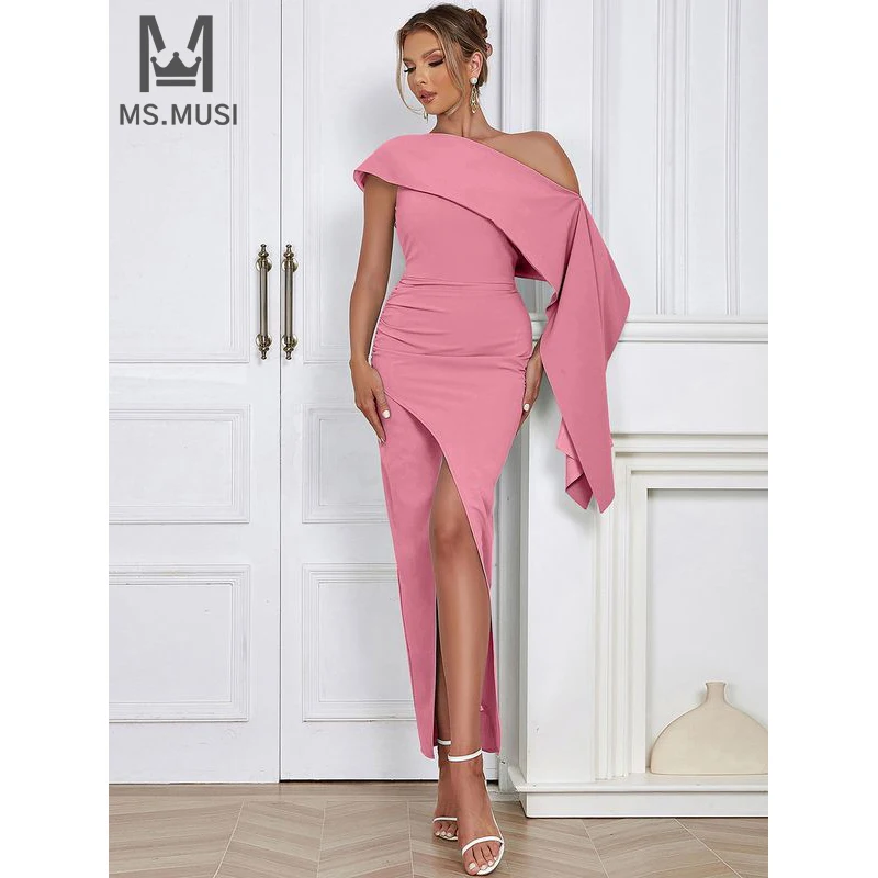 

MSMUSI 2024 New Fashion Women Sexy Off The Shoulder Slit Draped Fold Sleeveless Bodycon Party Club Event Slim Maxi Dress Gown