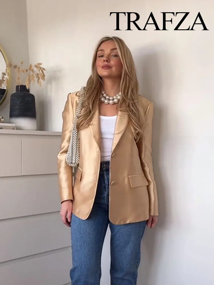 TRAFZA Spring Fashion Women Blazer Tops Gold Turn-Down Collar Long Sleeves Pockets Single Breasted Female Chic Coats Office Lady