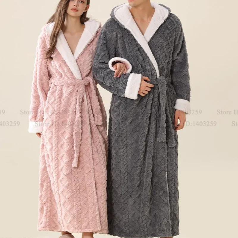 

Thicken Coral Fleece Couple Hooded Long Robe Home Dress Autumn Winter New Sleepwear Bathrobe Kimono Gown Loose Casual Loungewear