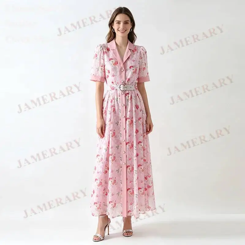 

Elegant Summer Floral Maxi Dress Shirt Women Short Sleeve Print Princess Lolita Vacation Long Dresses Embroidery Lace Robe