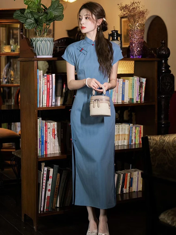 

Blue Retro Sle Dr for College Girls Daily Wear High Slit ort Sve Long Qipao Chinese Traditional Costume