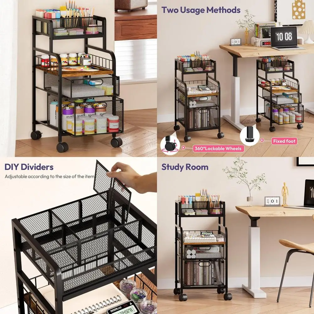 

Wooden Shelf Metal Utility Cart with DIY Dividers and Locking Wheels for Home Office or Studio Storage